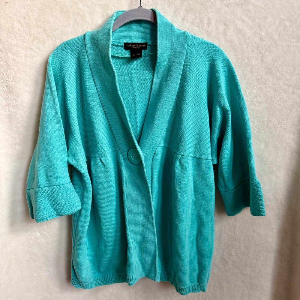 Sydney Easton Woman 1X Mint Aqua Batwing Short Sleeve Knit Cardigan Plus Size